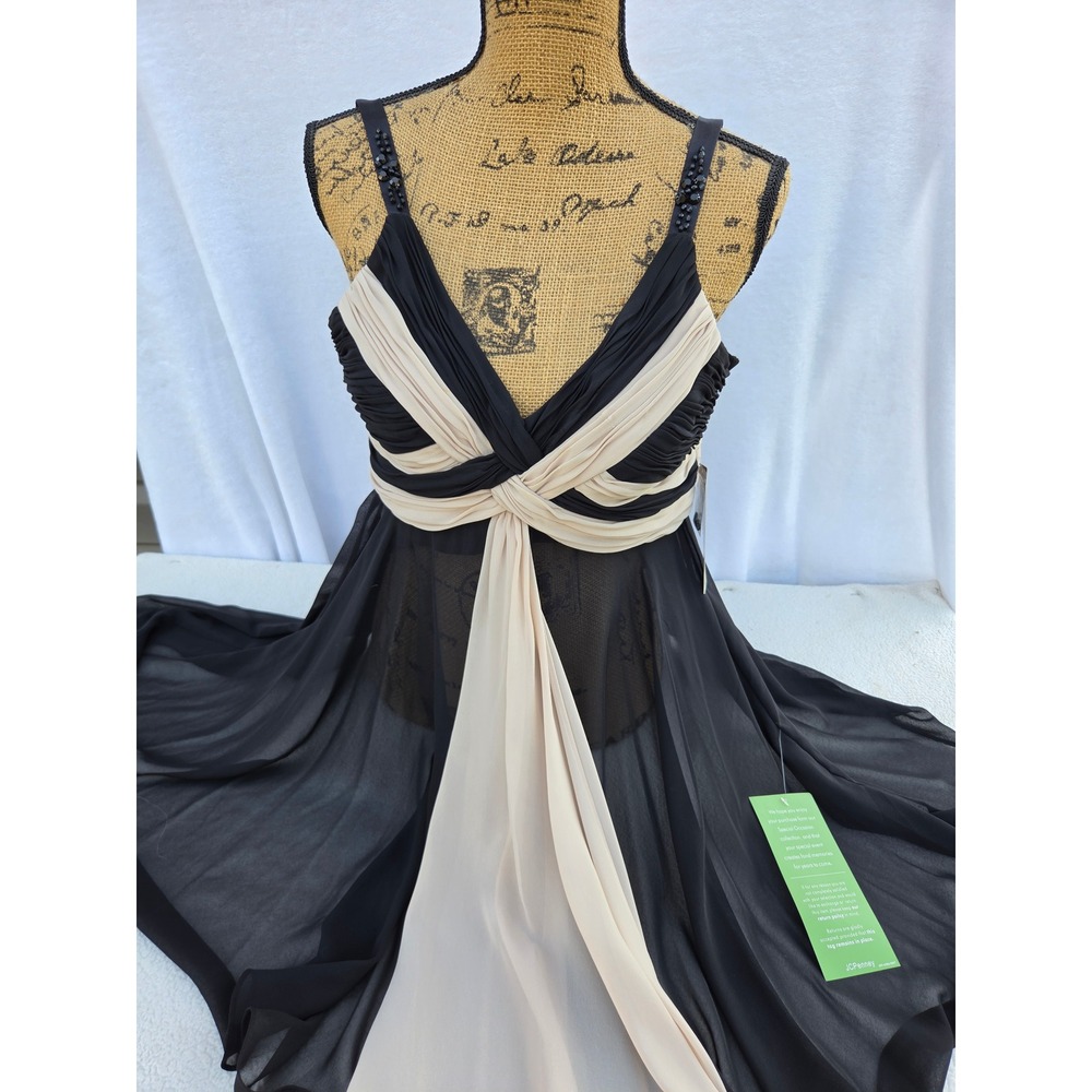 S.L. Fashions Social Dress Womens 8 Black Cream NWT Beaded Pleated Chiffon Flowy